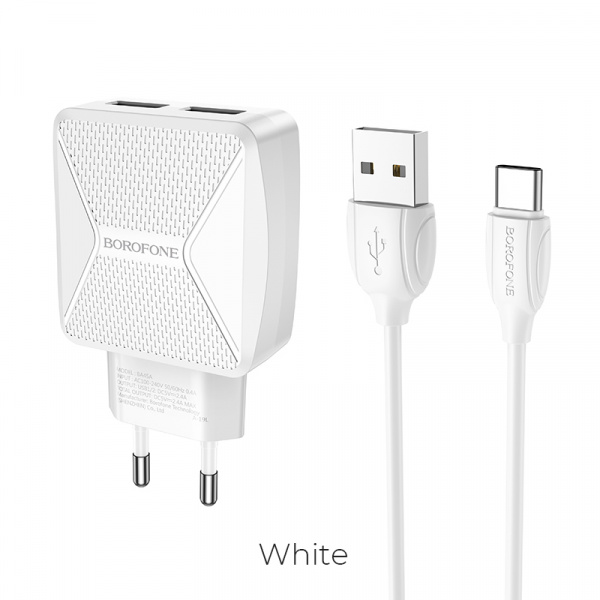 Зарядное устройство BOROFONE BA45A Max Type-C, 2.4A, белый, кабель BX19 Huiyi